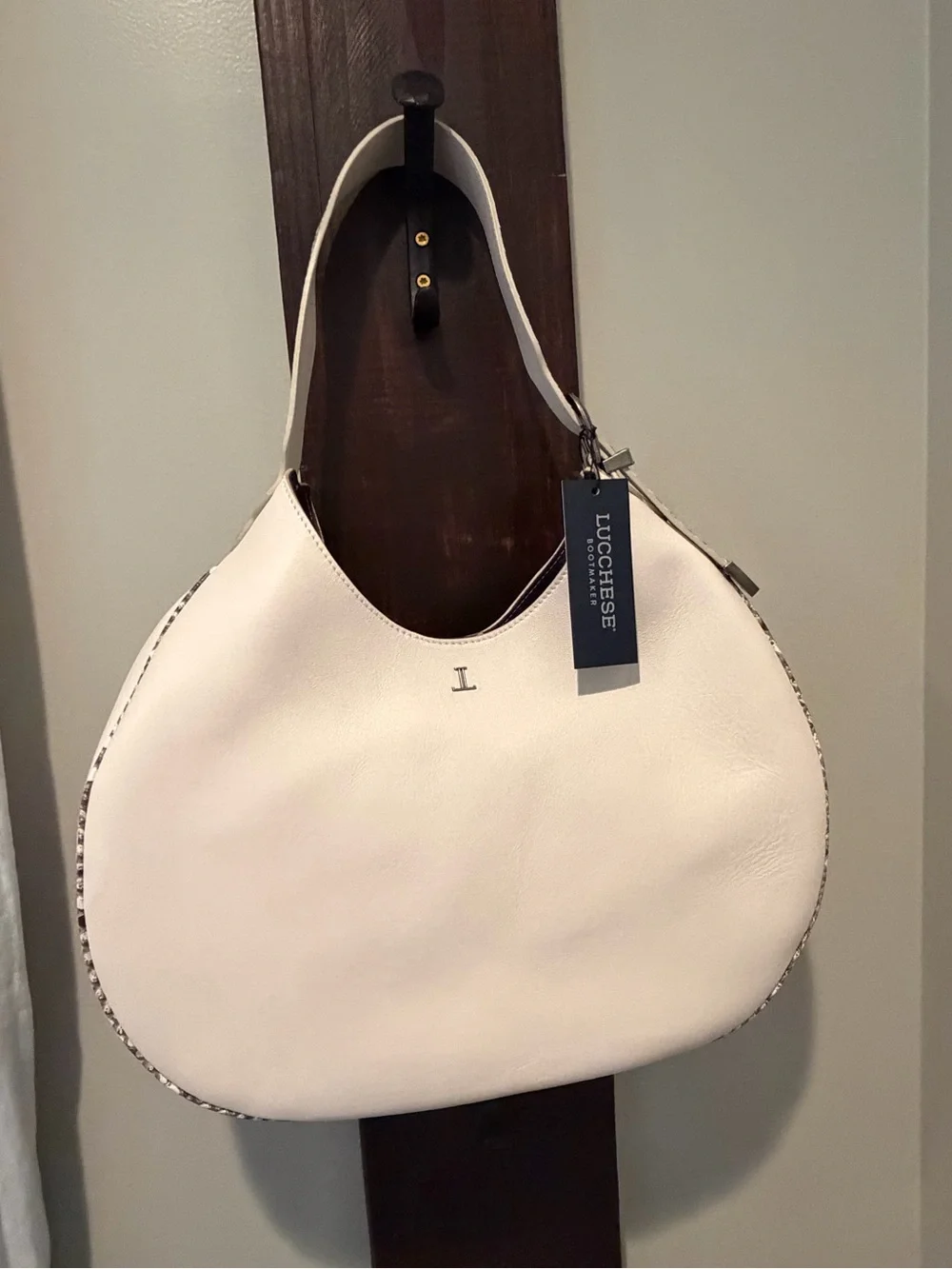 Lucchese Cream Hobo with Snake-Print Trim